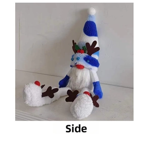 Side view of a Christmas gnome plush with brown antlers and blue striped hat