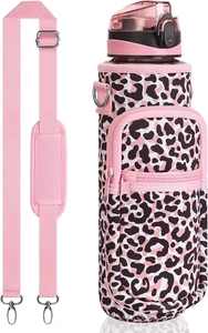 Detail of pink leopard print water bottle sleeve with zipper pocket and adjustable strap
