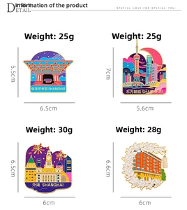 Detailed view of four Shanghai landmark enamel magnets with dimensions and weights