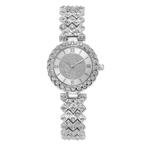 Silver-toned women's fashion watch with sparkling rhinestone accents and roman numerals