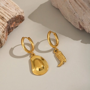 Gold stainless steel hoop earrings with mismatched cowboy hat and boot pendants