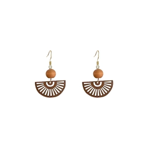Ethnic style fan-shaped hollow wood drop earrings with golden hooks and round beads
