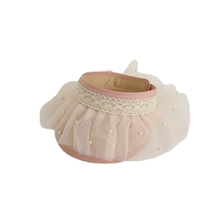 Cute pink and beige summer visor hat for kids with lace, mesh layers and pearl accents