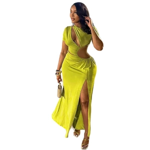 Elegant lime green cutout maxi dress with asymmetrical neckline and high side slit
