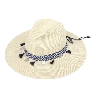 Bohemian wide brim straw hat with geometric tassel band and silver charms for summer