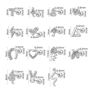 Size chart for stainless steel zircon stud earrings with diverse geometric shapes