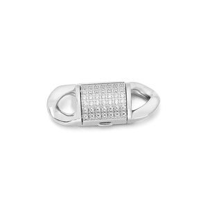 Silver stainless steel hip hop clasp with cubic zirconia pave and circular ring ends