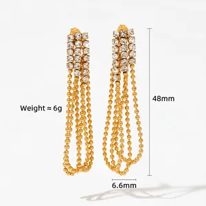 Elegant gold-plated tassel earrings with rhinestones measuring 48mm long and 6g in weight