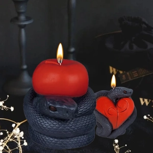 Detailed view of Gothic black snake wrapped around a red heart and apple candle