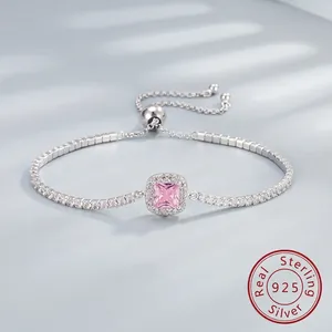 925 Sterling Silver Zirconia Square Pink White Stone Adjustable Bracelet Necklace Earrings Ring For Women Elegant Jewelry