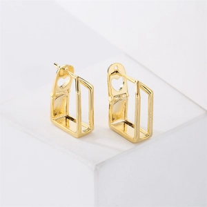 Orecchini Geometrici Rettangolari Cavi Perno In Argent Sterling 925 Rame Placcato Oro 14K Donna Stile Minimalista
