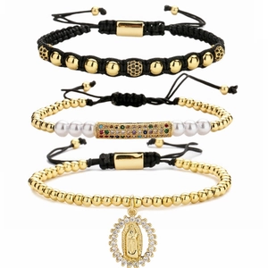 Adjustable Woven Rope Bracelet Copper Gold Plated Beads Micro Pave Zirconia Virgin Mary Charm Bohemian Jewelry For Women