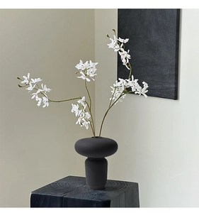 Dettaglio di un vaso in ceramica nero opaco con orchidee in un ambiente minimalista wabi-sabi