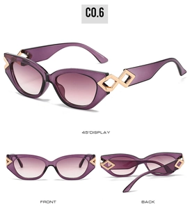 Drei Ansichten der lila Cat-Eye Sonnenbrille mit goldenen geometrischen Metalldetails