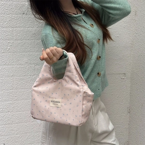 Pink floral canvas lunch bag with large capacity and rustic style for office women