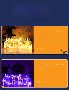 Detail view of Happy Halloween LED window lights in warm white and purple glow options