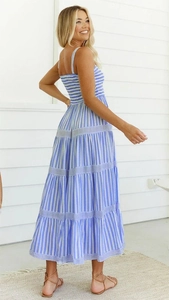 Détail de robe d'été à rayures bleues et blanches avec bustier smocké et jupe à étages