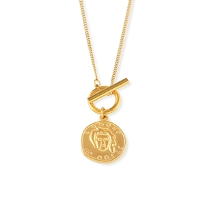 French style 18k gold plated titanium necklace with OT clasp and portrait coin pendant
