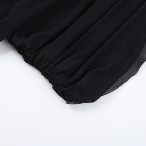 Detail of sheer black mesh fabric showing fine texture and ruched workmanship on top