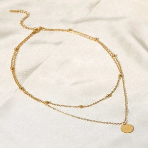 18K gold plated double layer necklace with stainless steel beads and round pendant for women