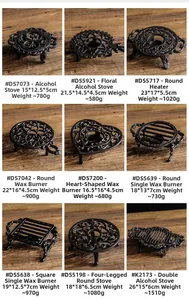 Macro view of nine vintage cast iron candle warmer bases in various ornate shapes