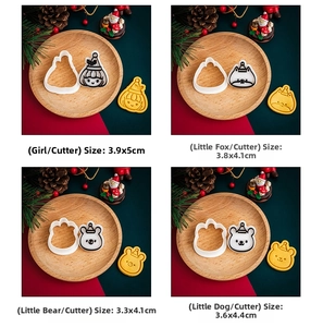 Detailed size specifications for cartoon Christmas cookie cutters with cute animal shapes