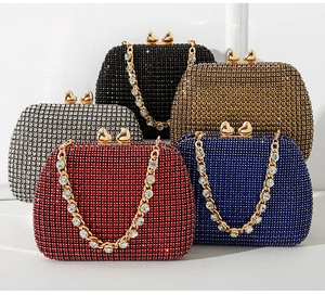 Detailed group view of sparkling rhinestone evening clutches in red, blue, silver and gold