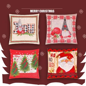 Christmas Pillowcase Cushion Cover Linen Fabric Santa Gnome Print Decorative Sofa Home Party Ornament Festive Decor