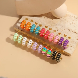 Enamel Hoop Earrings 14K Gold Plated Copper C-Shaped Ribbed Colorful Fashion Jewelry For Women