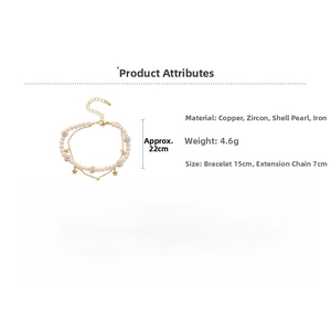 Detail of double-layer bracelet with white pearls, gold chain, and star charm pendant