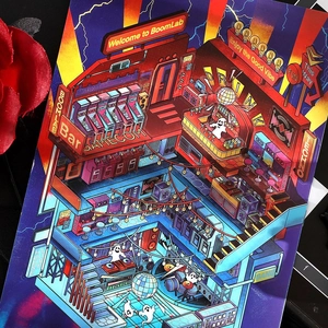 Colorful 2.5D isometric illustration sticker featuring a vibrant multi-story entertainment scene