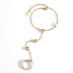 18k gold plated stainless steel hand chain with heart shaped zircon and finger ring