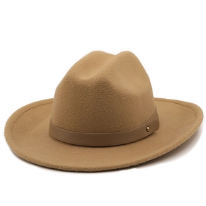 Classic camel wool fedora hat with a flat wide brim and decorative leather band