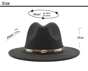 Detailed size chart for wool fedora hat showing circumference, brim, and height measurements