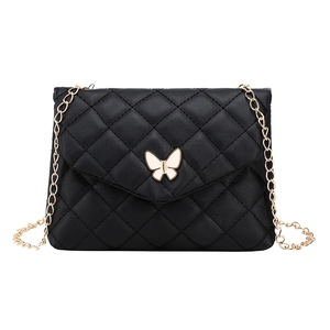 Elegant black quilted shoulder bag for women featuring a gold chain and butterfly clasp