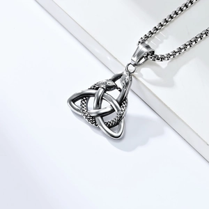 Vintage Viking double snake pendant with Celtic Triquetra knot on stainless steel box chain