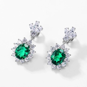 S925 silver sunflower earrings with lab-grown emerald and sparkling halo diamonds