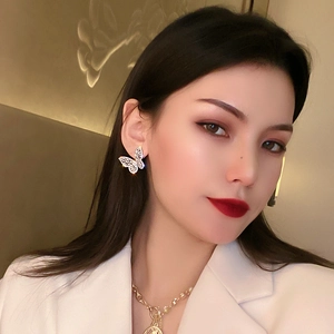 Detail of butterfly earrings with zirconia and gold chain necklace on a model