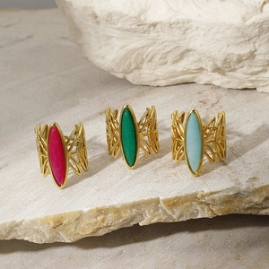 French Retro 304 Stainless Steel Open Ring For Women Adjustable Hollow Leaf Design With Marquise Natural Stone Jewelry