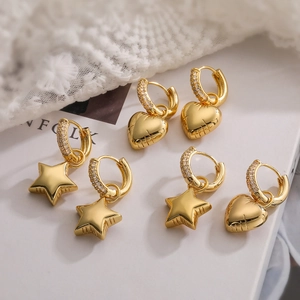 Star Heart Dangle Huggie Hoop Earrings Gold Plated Copper Micro Pave Cubic Zirconia Asymmetric Geometric Jewelry Women
