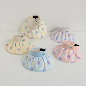 Detail of five colorful floral sun hats for girls featuring rabbit patterns and adjustable clips