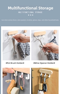 Detail showing solid wood multi-hook rack for kitchen utensils and entryway accessories