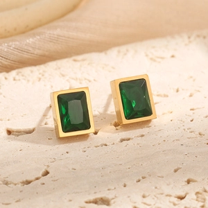 Elegant gold-plated square emerald zircon stud earrings on natural stone background