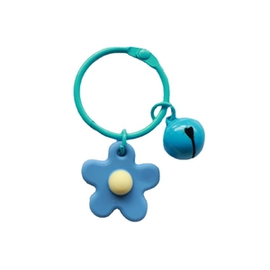 Handmade knitted blue flower keychain with bell and ring for girls backpack decoration