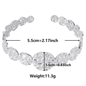 Adjustable silver hammered disc C-shaped cuff bracelet made of durable stainless steel