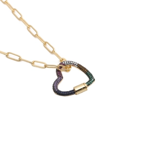 Hip Hop gold plated Cuban chain necklace featuring a colorful zircon inlaid heart pendant