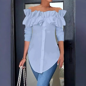 Elegant off-shoulder light blue blouse with ruffle trim and long sleeves for women