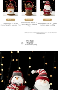 Detailed view of plush snowman and reindeer Christmas ornaments with wooden bases