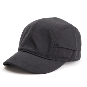 Side view of black 5-panel quick-dry camping cap showing nylon texture and stitching
