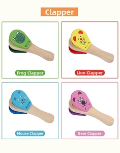 Detail view of colorful wooden animal castanets including frog lion mouse and bear styles